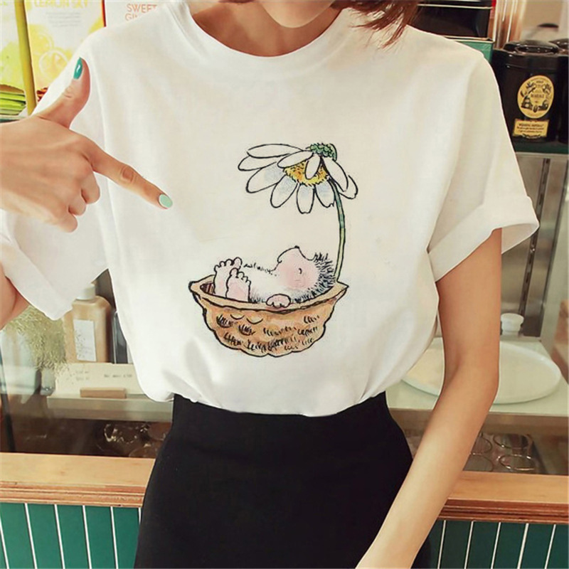 Women Cartoon Cute Hedgehog Floral Print Round Neck Short Sleeve T-Shirt