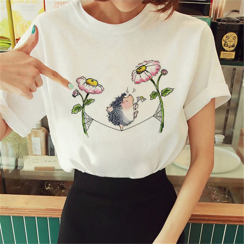 Women Cartoon Cute Hedgehog Floral Print Round Neck Short Sleeve T-Shirt