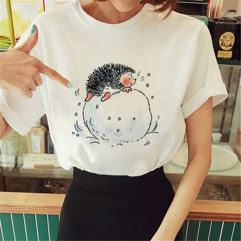 Women Cartoon Cute Hedgehog Floral Print Round Neck Short Sleeve T-Shirt