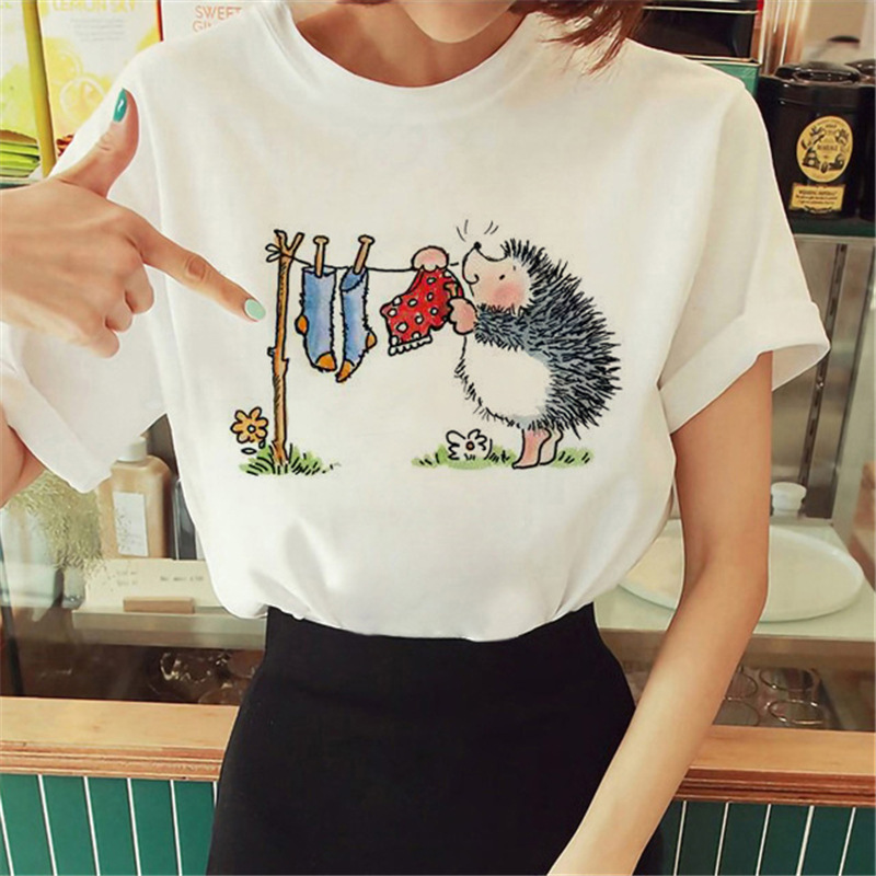 Women Cartoon Cute Hedgehog Floral Print Round Neck Short Sleeve T-Shirt