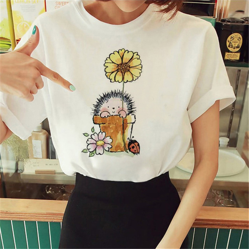 Women Cartoon Cute Hedgehog Floral Print Round Neck Short Sleeve T-Shirt