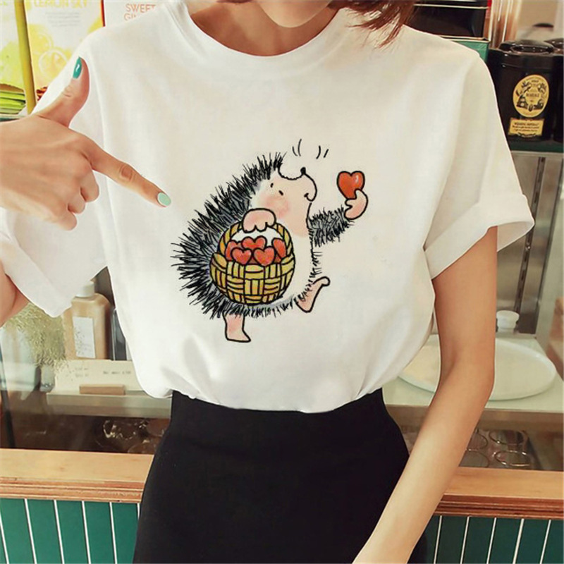 Women Cartoon Cute Hedgehog Floral Print Round Neck Short Sleeve T-Shirt