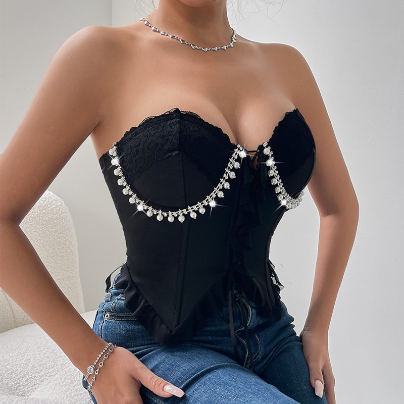 Women Sexy Rhinestone Ruffled Corsets Cropped Top