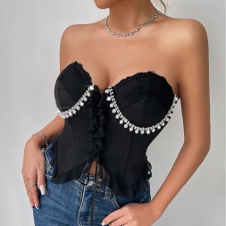 Women Sexy Rhinestone Ruffled Corsets Cropped Top