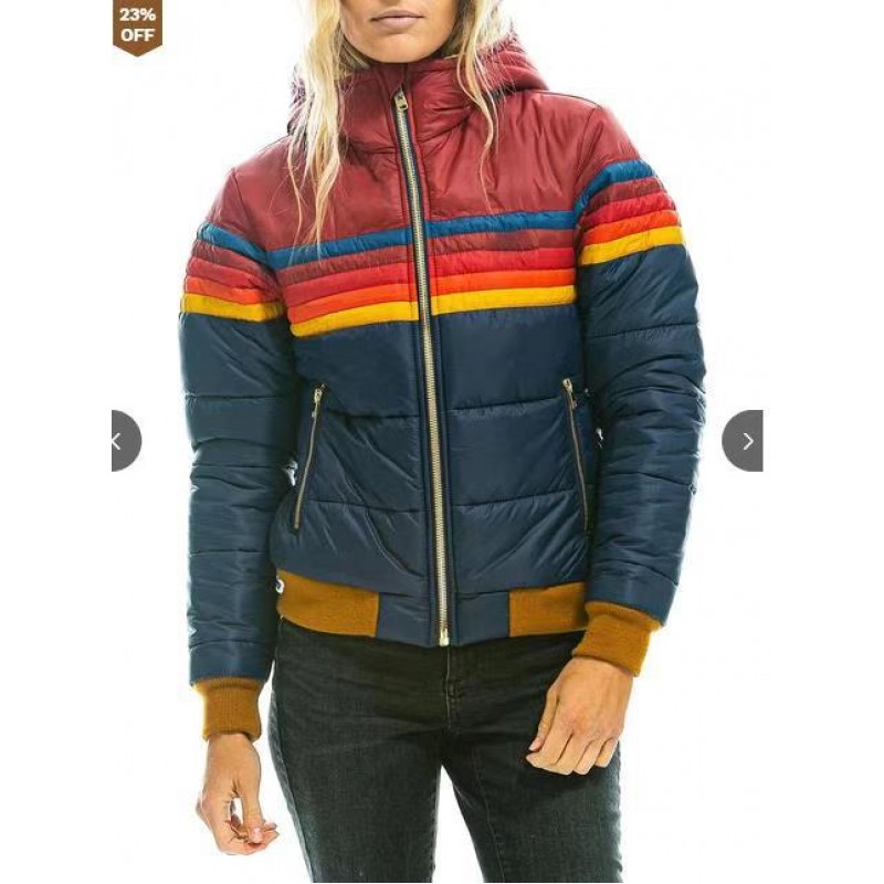 Women Casual Rainbow Color Printed Short Zipper Quilted Coat