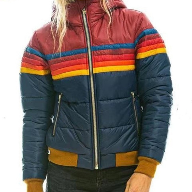 Women Casual Rainbow Color Printed Short Zipper Quilted Coat