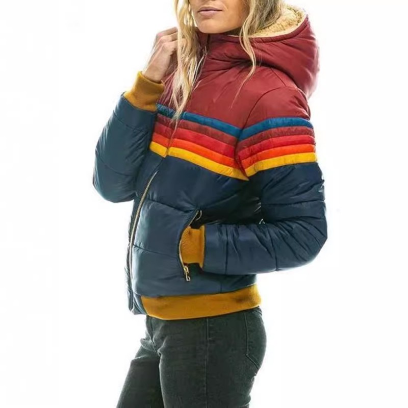 Women Casual Rainbow Color Printed Short Zipper Quilted Coat