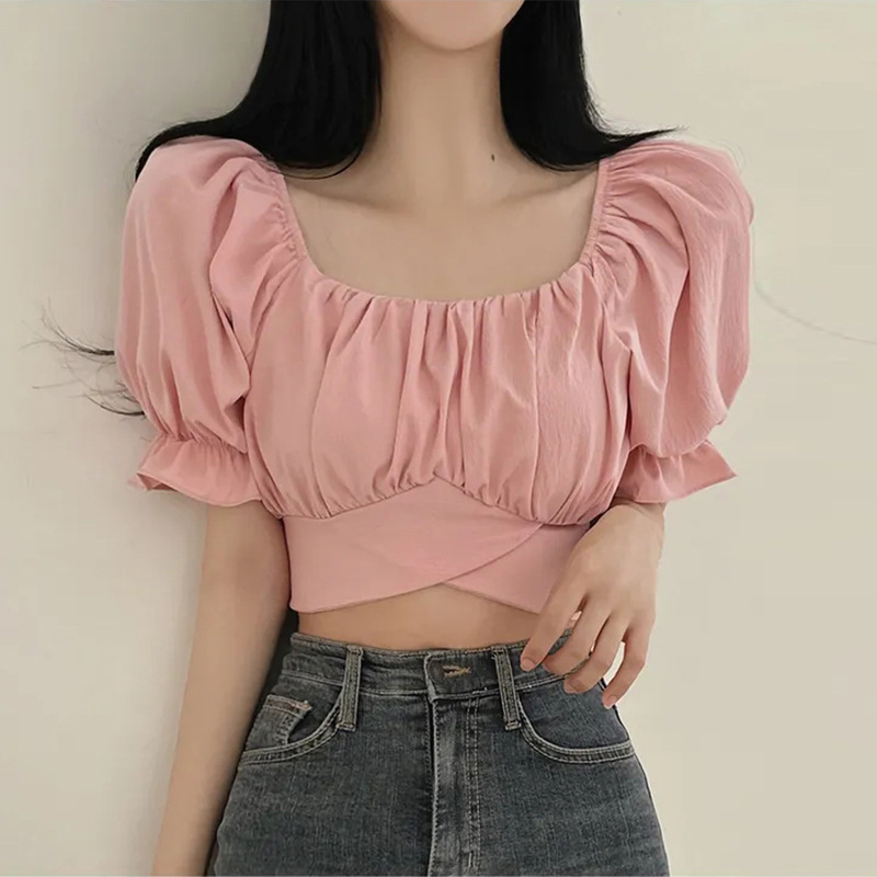 Summer Women Fashion Solid Color Square Collar Back Bow Lace Short Sleeve Crop Top