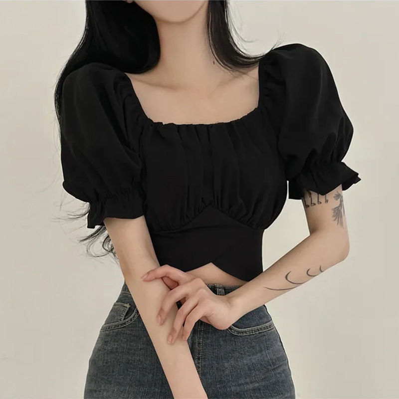 Summer Women Fashion Solid Color Square Collar Back Bow Lace Short Sleeve Crop Top