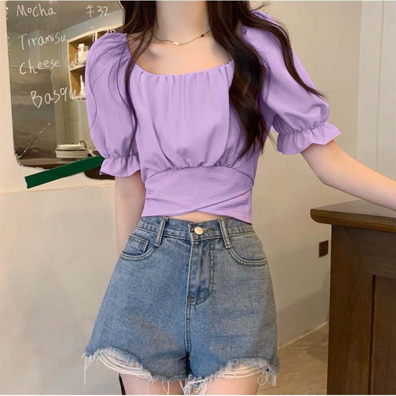 Summer Women Fashion Solid Color Square Collar Back Bow Lace Short Sleeve Crop Top