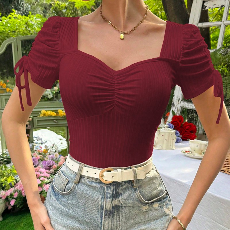 Summer Women Fashion Square Collar Short Sleeve Slim Top