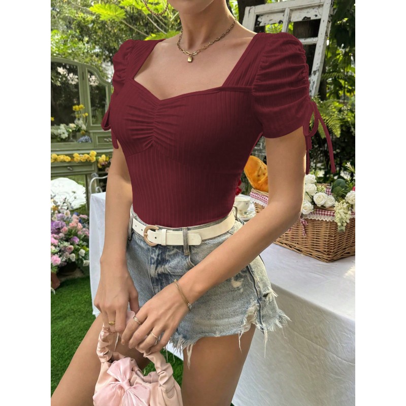 Summer Women Fashion Square Collar Short Sleeve Slim Top