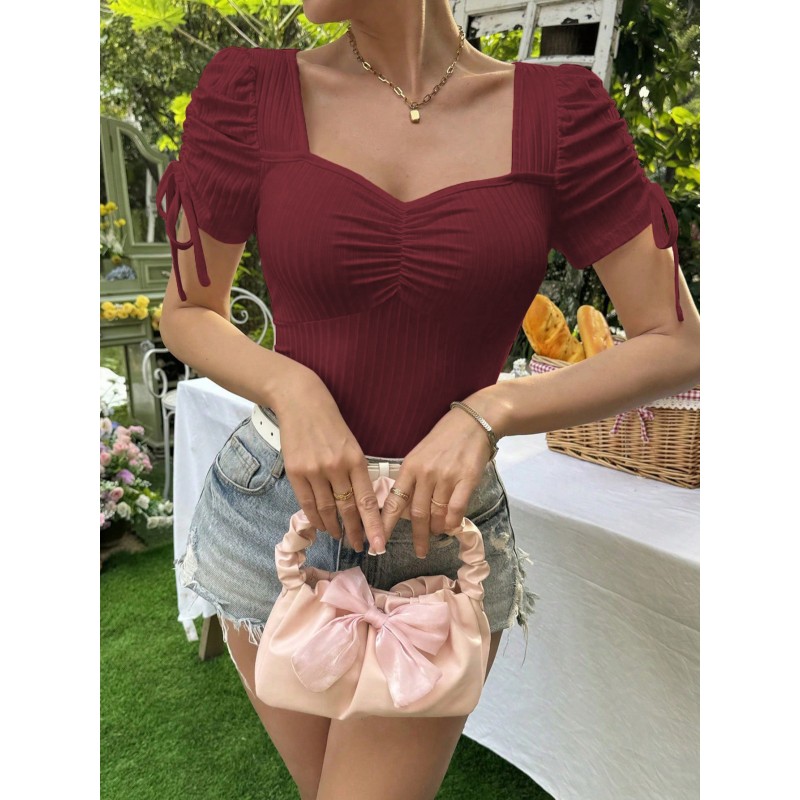 Summer Women Fashion Square Collar Short Sleeve Slim Top