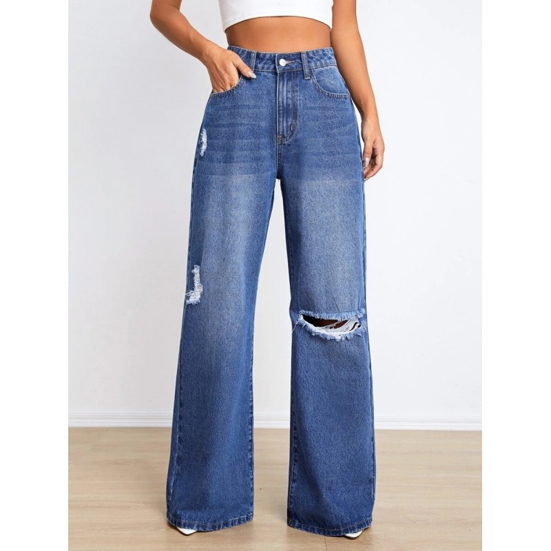 Women Fashion High Waist Ripped Loose Wide Leg Jeans