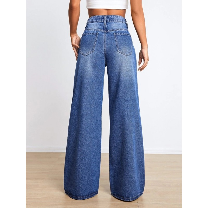 Women Fashion High Waist Ripped Loose Wide Leg Jeans