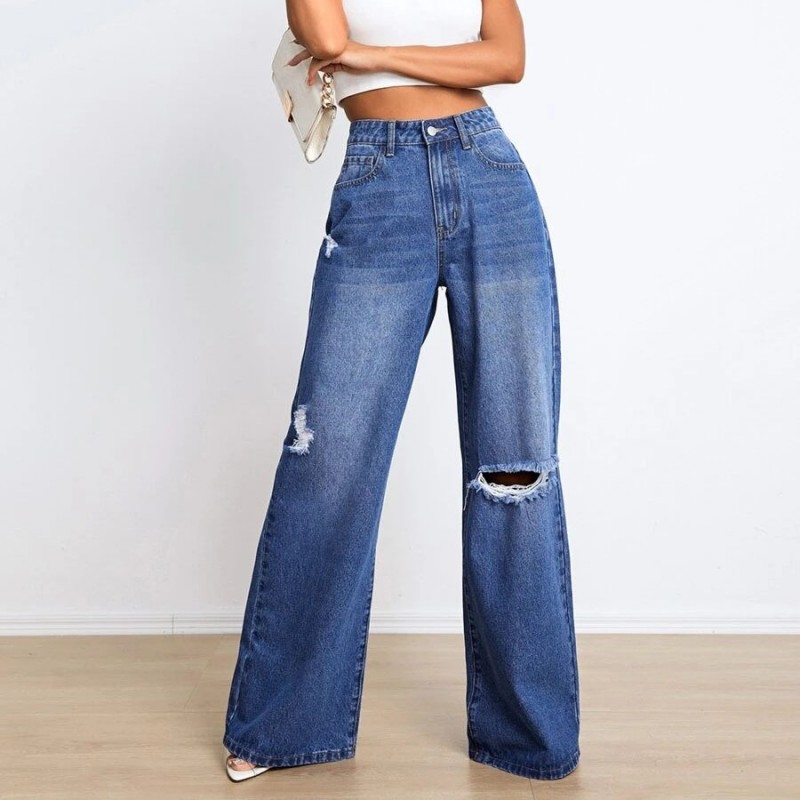 Women Fashion High Waist Ripped Loose Wide Leg Jeans