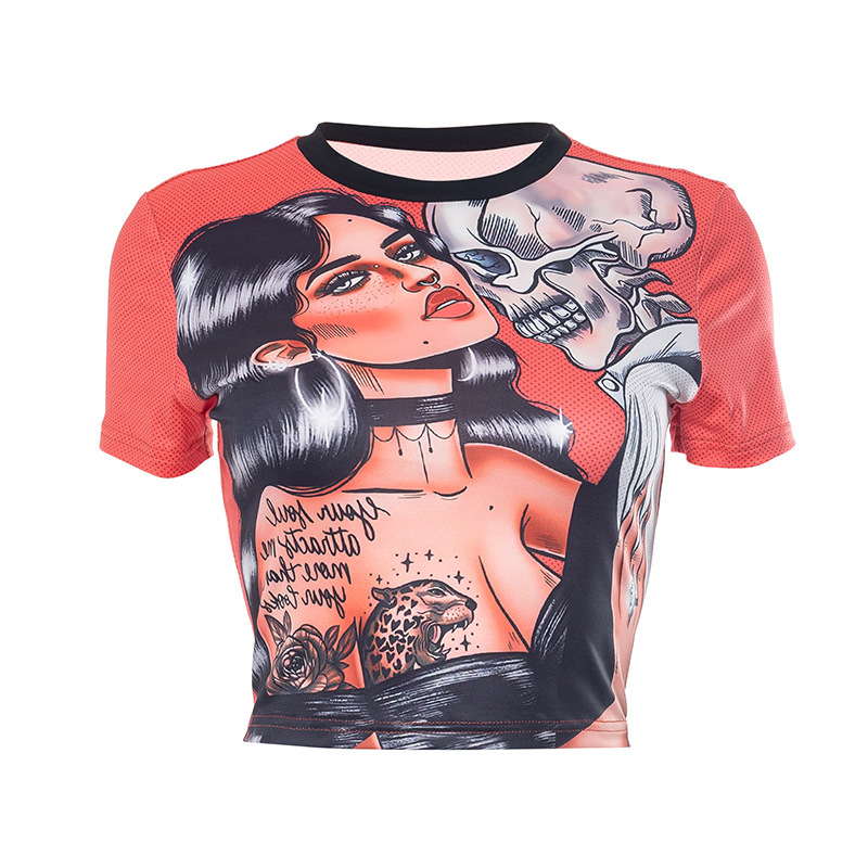 Summer Women Fashion Cartoon Graphic Printing Round Neck Short Sleeve Crop Top