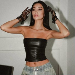 Women Fashion Sexy PU Crop Top