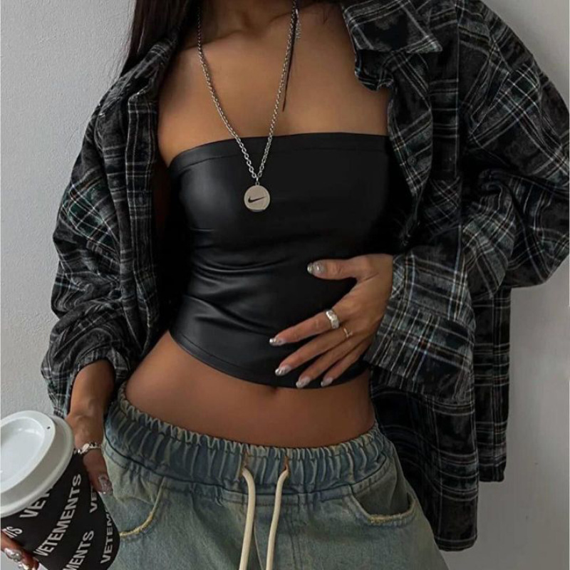 Women Fashion Sexy PU Crop Top