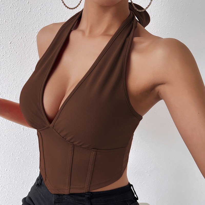 Women Sexy Solid Color Halter Backless Cropped Top