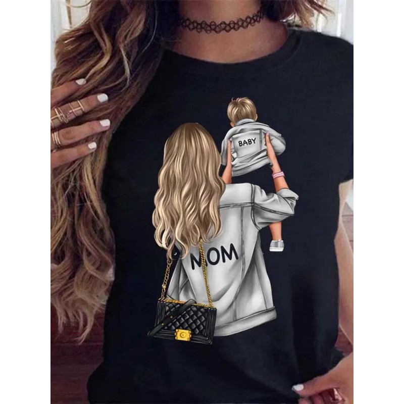 Summer Women Fashion Cartoon Parent-Child Pattern Printed Round Neck Short-Sleeved T-Shirt