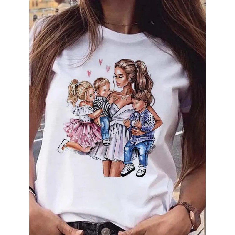 Summer Women Fashion Cartoon Parent-Child Pattern Printed Round Neck Short-Sleeved T-Shirt