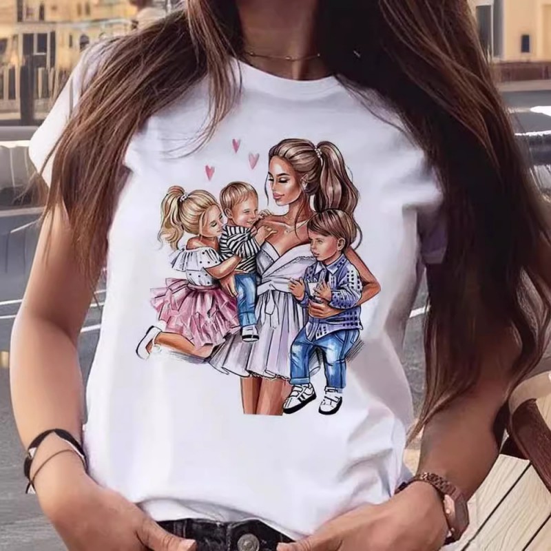 Summer Women Fashion Cartoon Parent-Child Pattern Printed Round Neck Short-Sleeved T-Shirt