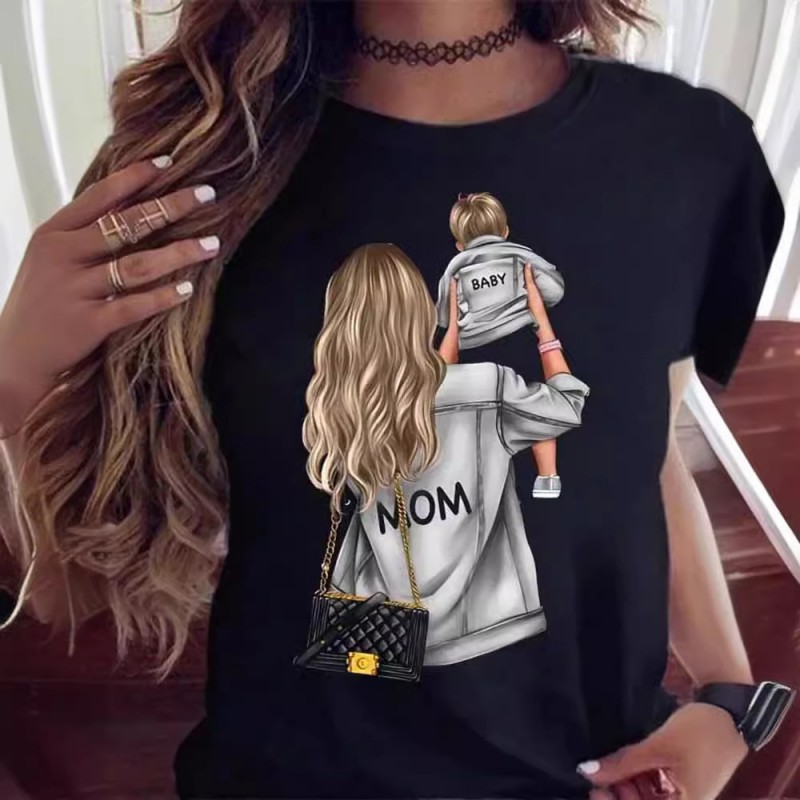 Summer Women Fashion Cartoon Parent-Child Pattern Printed Round Neck Short-Sleeved T-Shirt