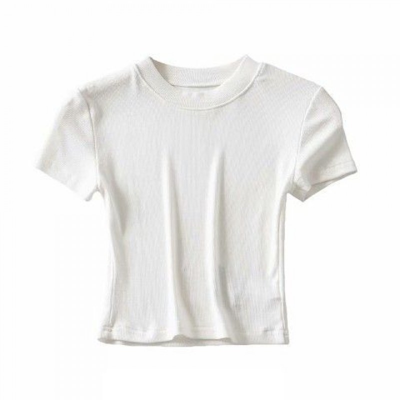 Summer Women Fashion Solid Color Round Neck Slim Stretch Short Sleeve Crop Top