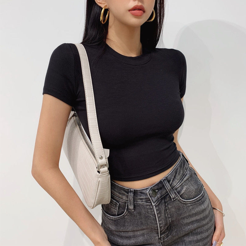 Summer Women Fashion Solid Color Round Neck Slim Stretch Short Sleeve Crop Top