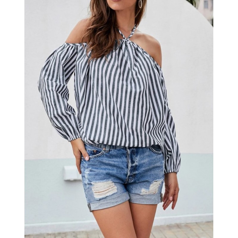 Women Fashion Stripe Print Shoulder Blouses