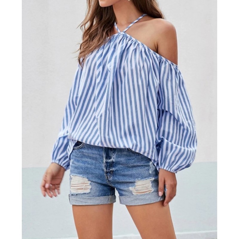 Women Fashion Stripe Print Shoulder Blouses