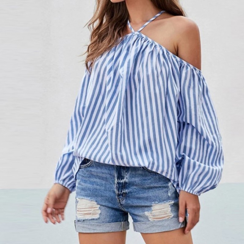 Women Fashion Stripe Print Shoulder Blouses