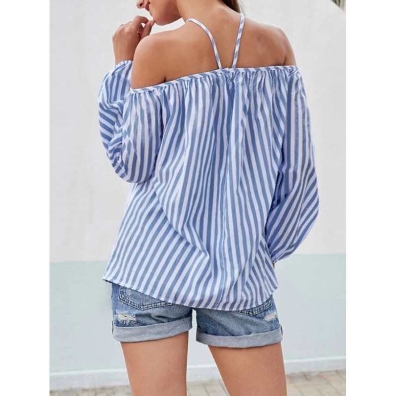 Women Fashion Stripe Print Shoulder Blouses