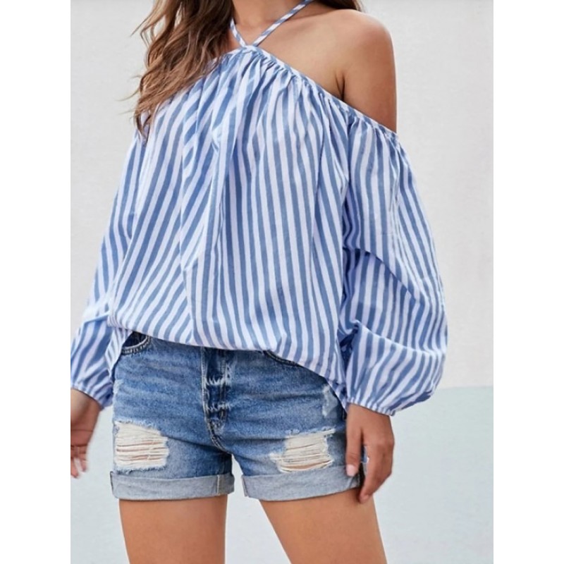 Women Fashion Stripe Print Shoulder Blouses