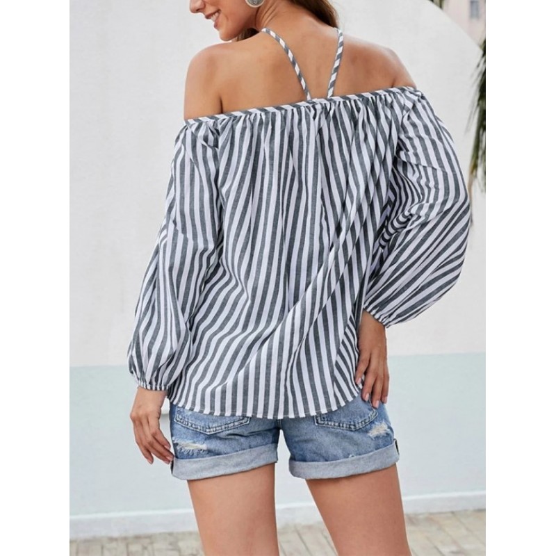 Women Fashion Stripe Print Shoulder Blouses