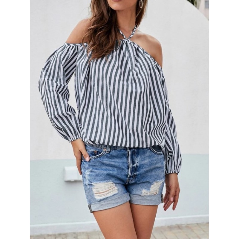 Women Fashion Stripe Print Shoulder Blouses