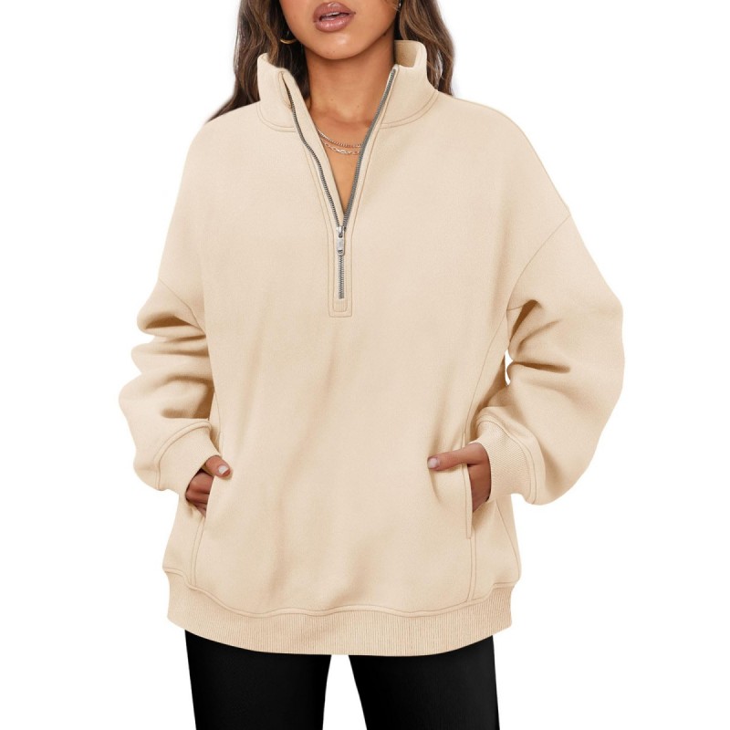 Women Fashionable Solid Color Thickened Long Sleeve Sweatshirt With Half Zip Collar