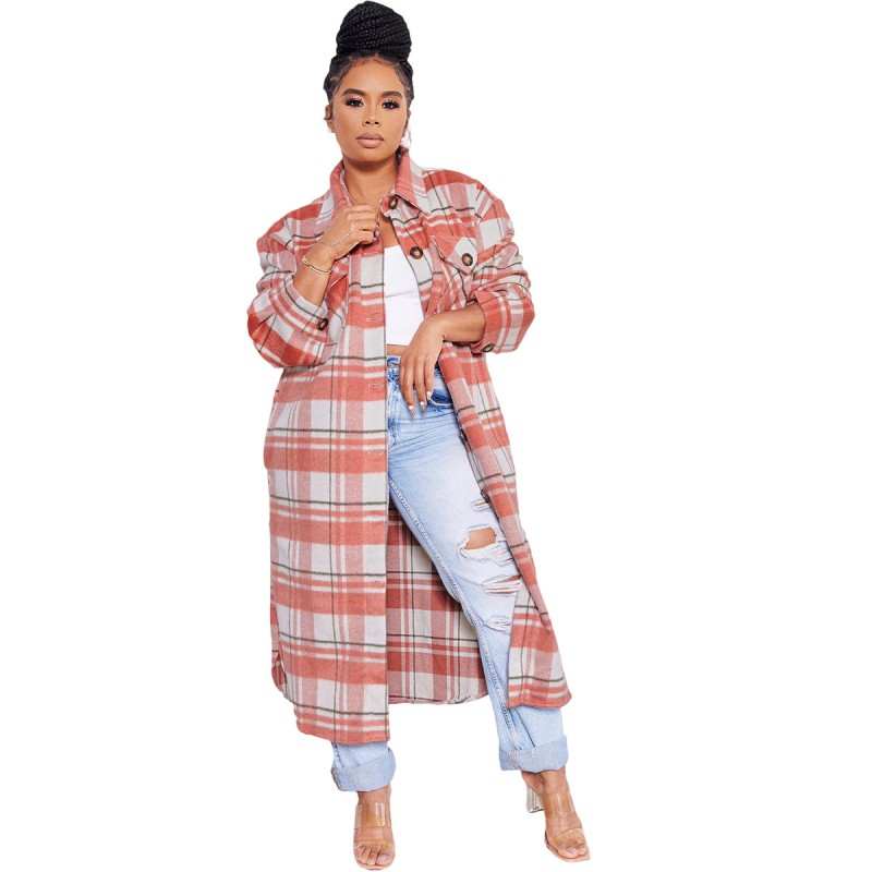 Women Fashion Plaid Pocket Single-Breasted Casual Loose Long Knitting Coat Shacket