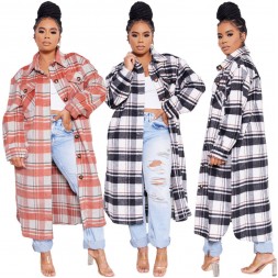 Women Fashion Plaid Pocket Single-Breasted Casual Loose Long Knitting Coat Shacket