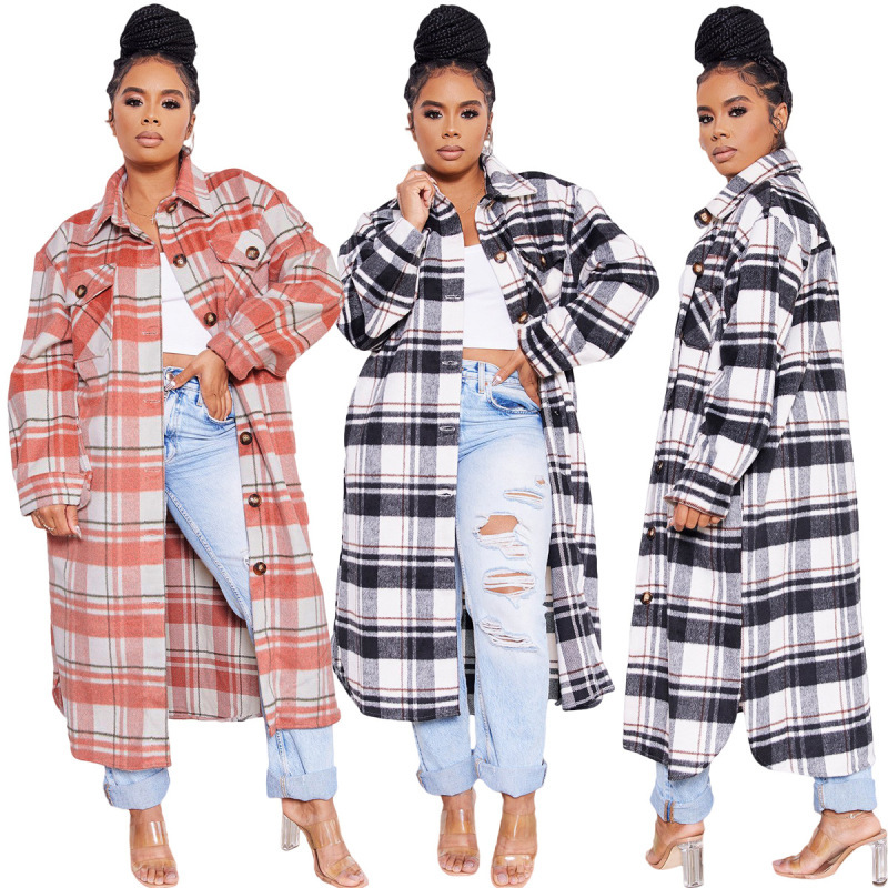 Women Fashion Plaid Pocket Single-Breasted Casual Loose Long Knitting Coat Shacket