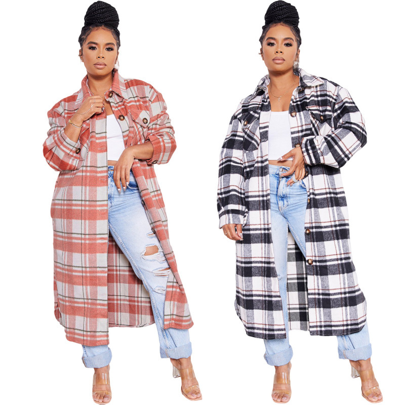 Women Fashion Plaid Pocket Single-Breasted Casual Loose Long Knitting Coat Shacket