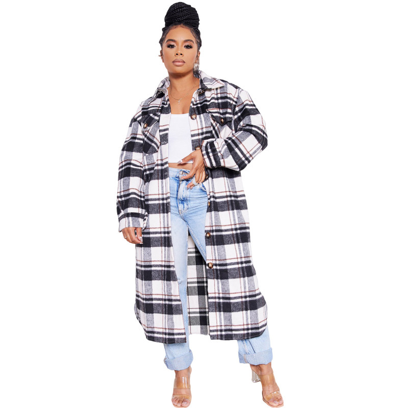 Women Fashion Plaid Pocket Single-Breasted Casual Loose Long Knitting Coat Shacket