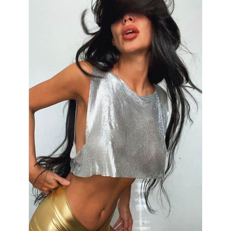 Summer Fashion Women Metallic Sleeveless Crop Top