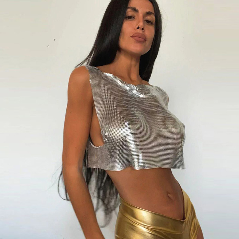 Summer Fashion Women Metallic Sleeveless Crop Top