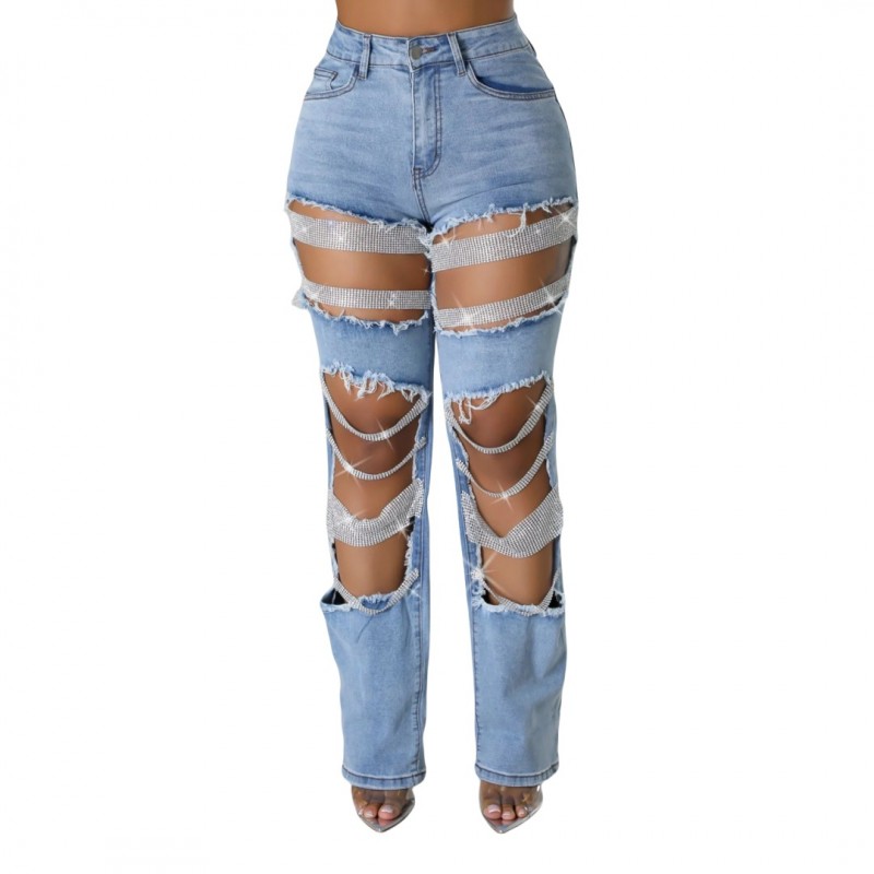 Summer Women Fashion Heavy Industry Beaded Beaded Stretch Ripped Jeans