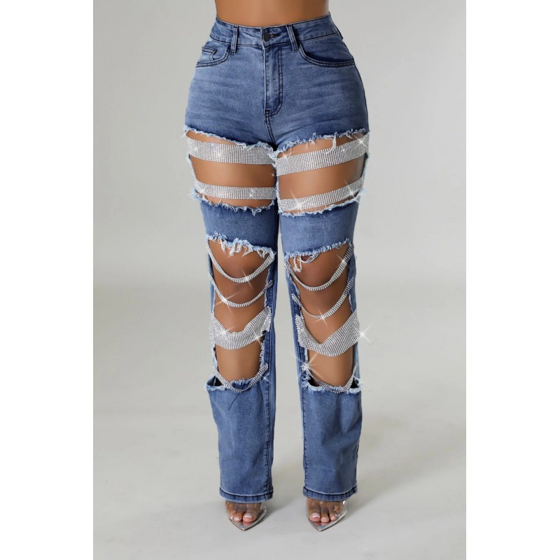 Summer Women Fashion Heavy Industry Beaded Beaded Stretch Ripped Jeans