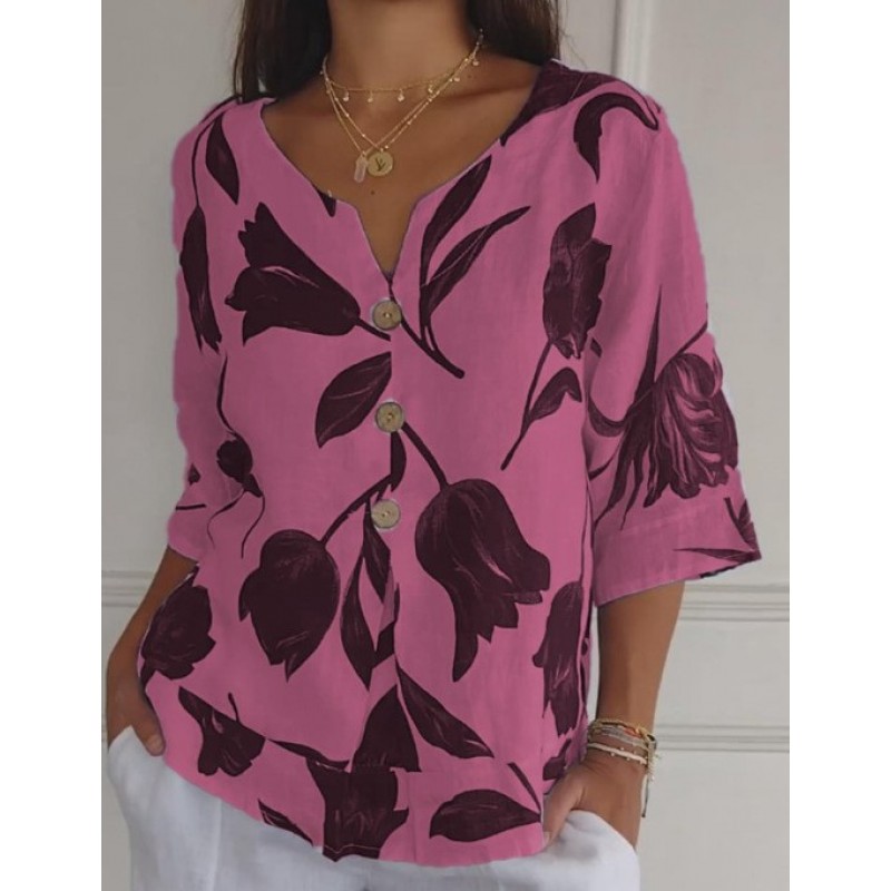 Women Casual V-Neck Floral Print Shirt