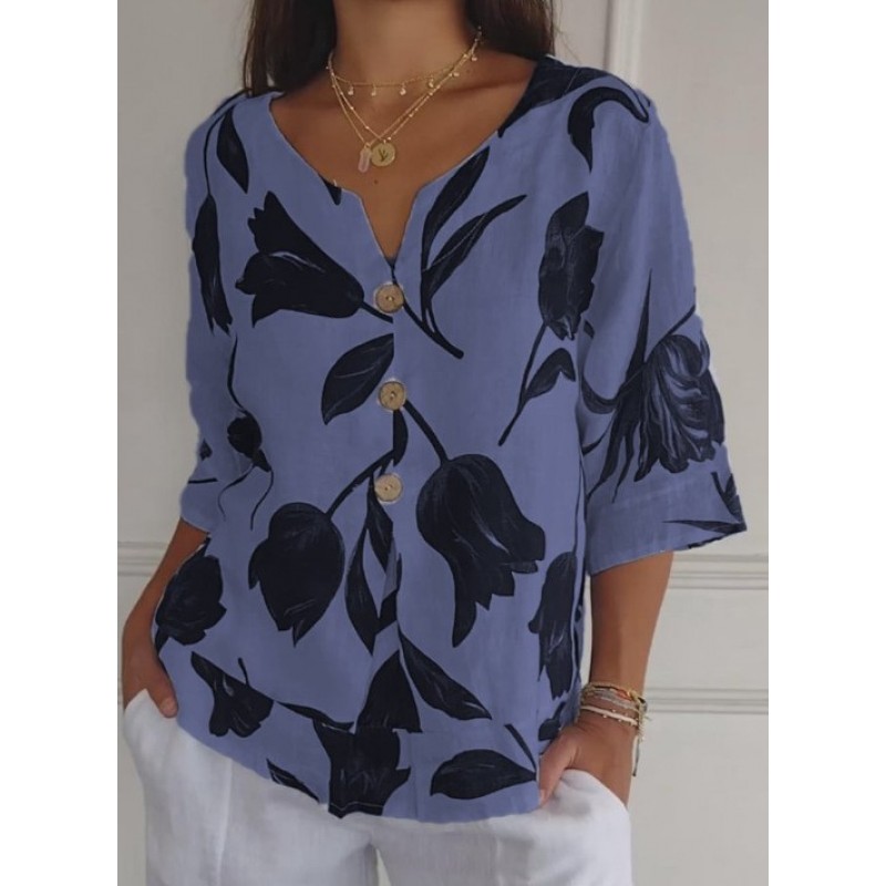 Women Casual V-Neck Floral Print Shirt