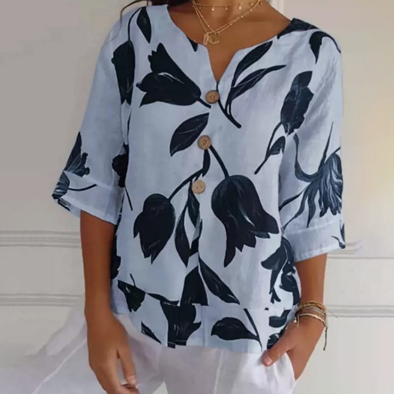 Women Casual V-Neck Floral Print Shirt